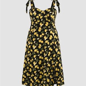 Cider Lemon Print Tie Shoulder Slit Midi Dress